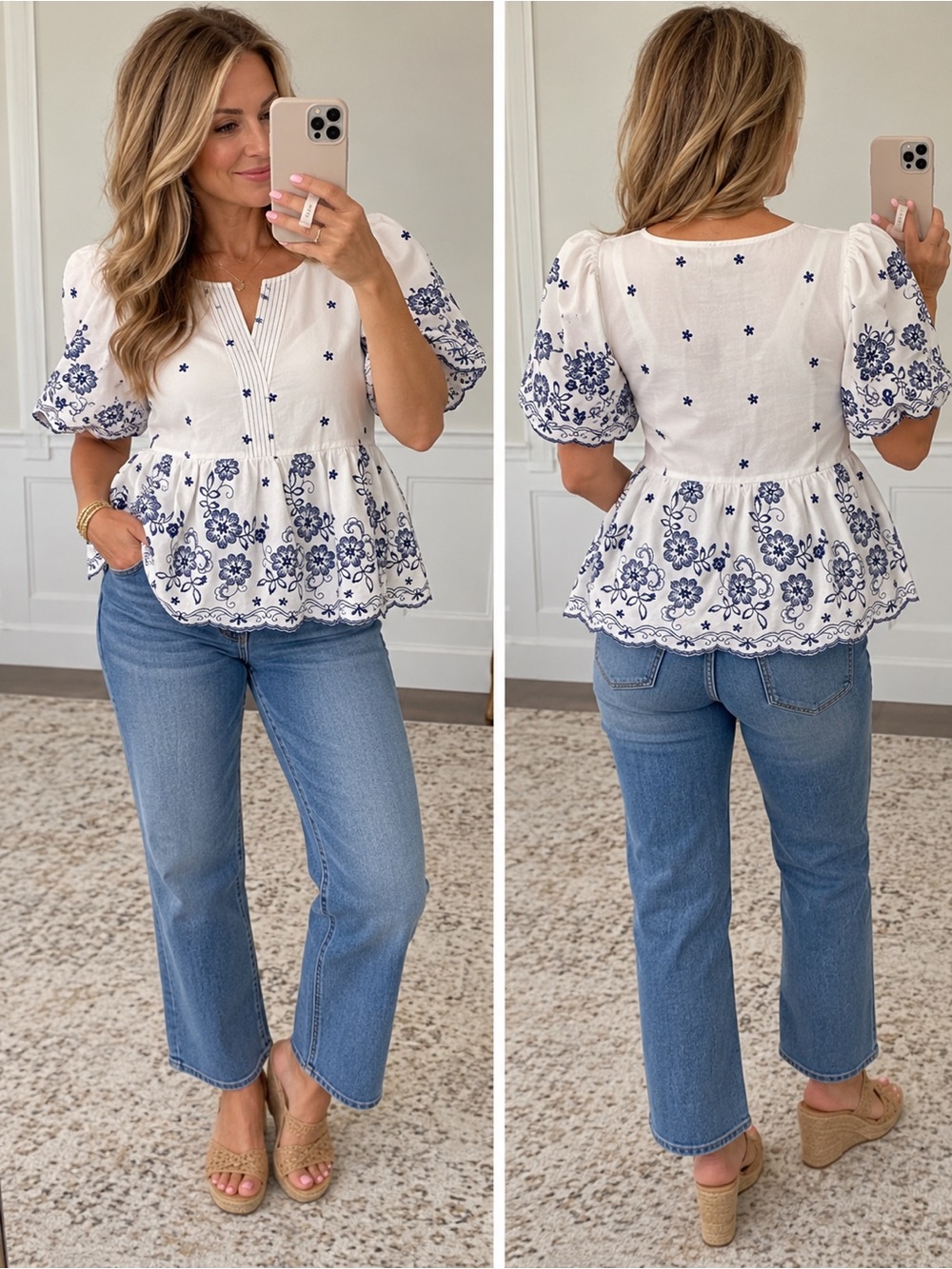 She + Sky White Peplum Top with Navy Blue Floral Embroidery